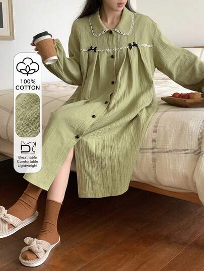 DAZY Green Cute Contrast Bow Decor Lantern Sleeve Loose A-Line Women Nightgown