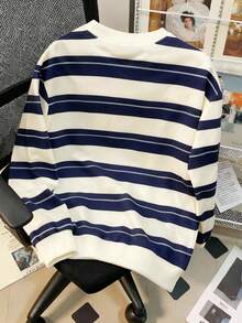 Manfinity Joysei 男士休闲条纹套头卫衣，简约百搭 - 藍色 - 查看 2