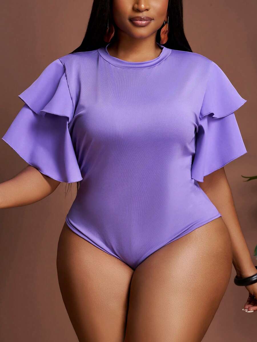 Slaydiva Plus Size Women's Casual Solid Color Layered Ruffle Splice Sleeve Bodysuit, Summer - Purple - View 1