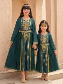SHEIN Tween Girl Dark Green Olive Green Dress,Gold Floral Print,Sheer Mesh Skirt Panel,Matching Belt,Autumn,Elegant,Wedding,Cultural Celebration Formal - Army Green - View 9