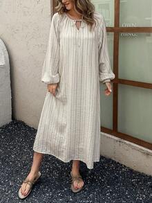 Vivie Lora Women's Striped Loose Shirt Style Mid-Length Dress Sundress - Apricot - View 2