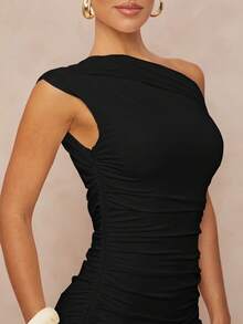 Lumalex Sleeveless Ruched Tie Waist Women Mini Dress - Black - View 5