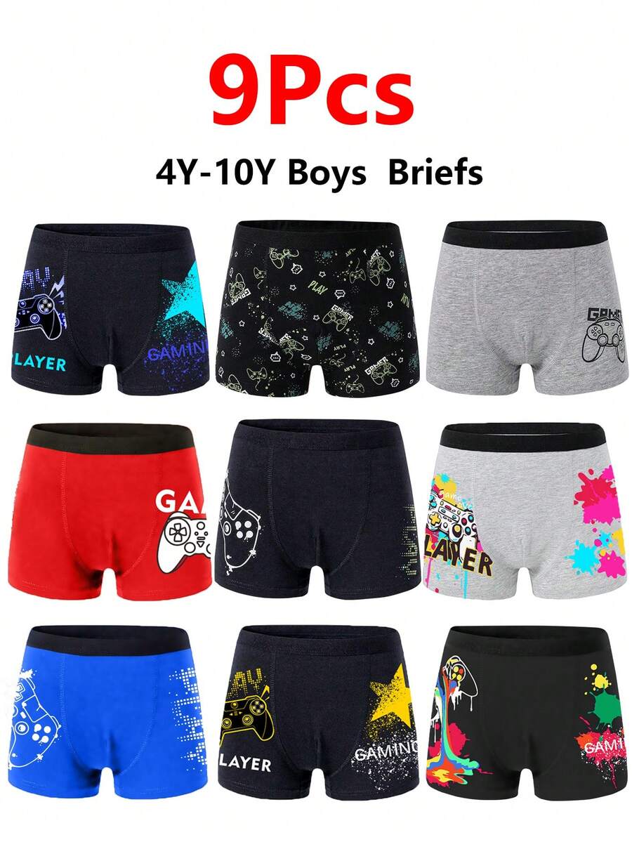 9 piezas de calzoncillos de algodón cómodos con estampado de videojuegos para niños