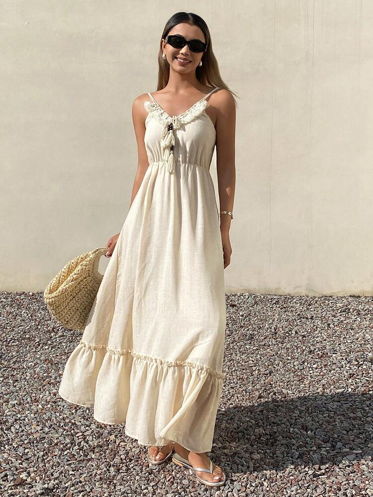 Women's Casual Vacation Solid Color Fringe Tassel Decor Ruffle Hem Sleeveless Dress, Summer Sundress Boho