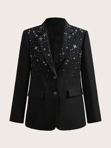 Anewsta Asymmetrical Star Rhinestone Decor Lapel Long Sleeve Women's Blazer Jacket, Chic & Party - Black - View 3