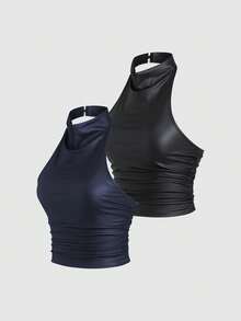 Sweetra Women's Fashionable Sexy Halter PU Leather Party Crop Top 2 Pieces Set - Multicolor - View 6
