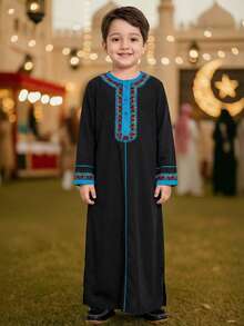 SHEIN Kids Tween Boy Ramadan Jellabiya, Traditional Arab Clothing, Robe, Eid Dress, Casual Colorblock Long Sleeve Shirt, Long Sleeve Robe, Black Shirt, Suitable For Spring/Summer, Outings, Valentine's Day, Dates, Travel, Vacation, Family Gatherings, Back To School, Wedding Season, Formal Dinners, Birthday Parties - Black - View 4