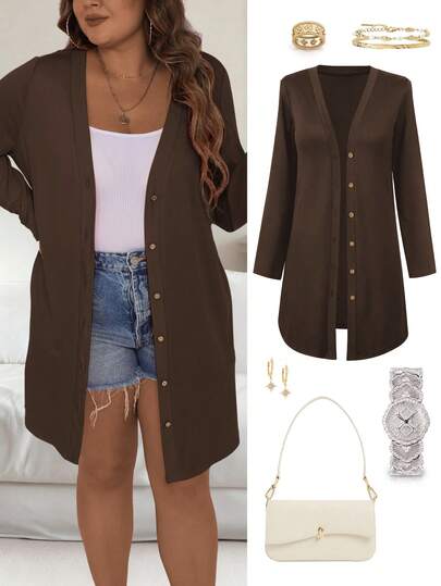 Vionelle معطف طويل أنيق بأكمام طويلة وأزرار فردية للنساء ذوات الأحجام الكبيرة