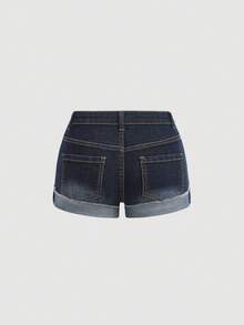 Girlism Teen GirlDark Blue Denim Low Waist Elastic Skinny Shorts - Light Wash - View 2