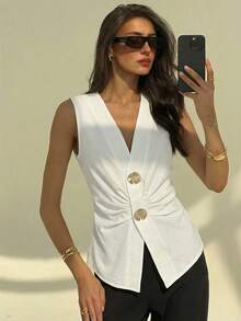 Aloruh 女士优雅纯色杏色褶裥装饰休闲薄款西装背心 - 白色 - 查看 9