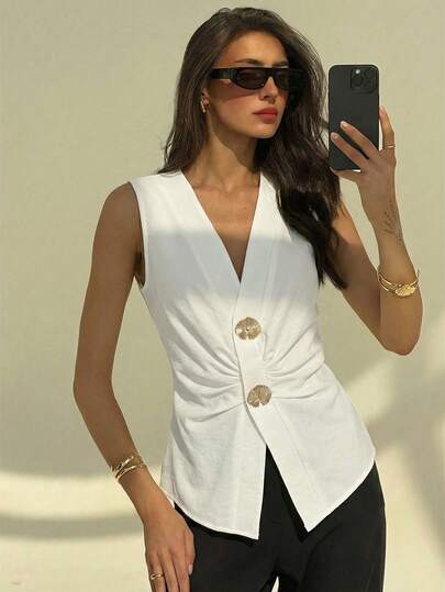 Aloruh Women's Elegant Solid Apricot Color Pleated Decor Casual Thin Blazer Vest