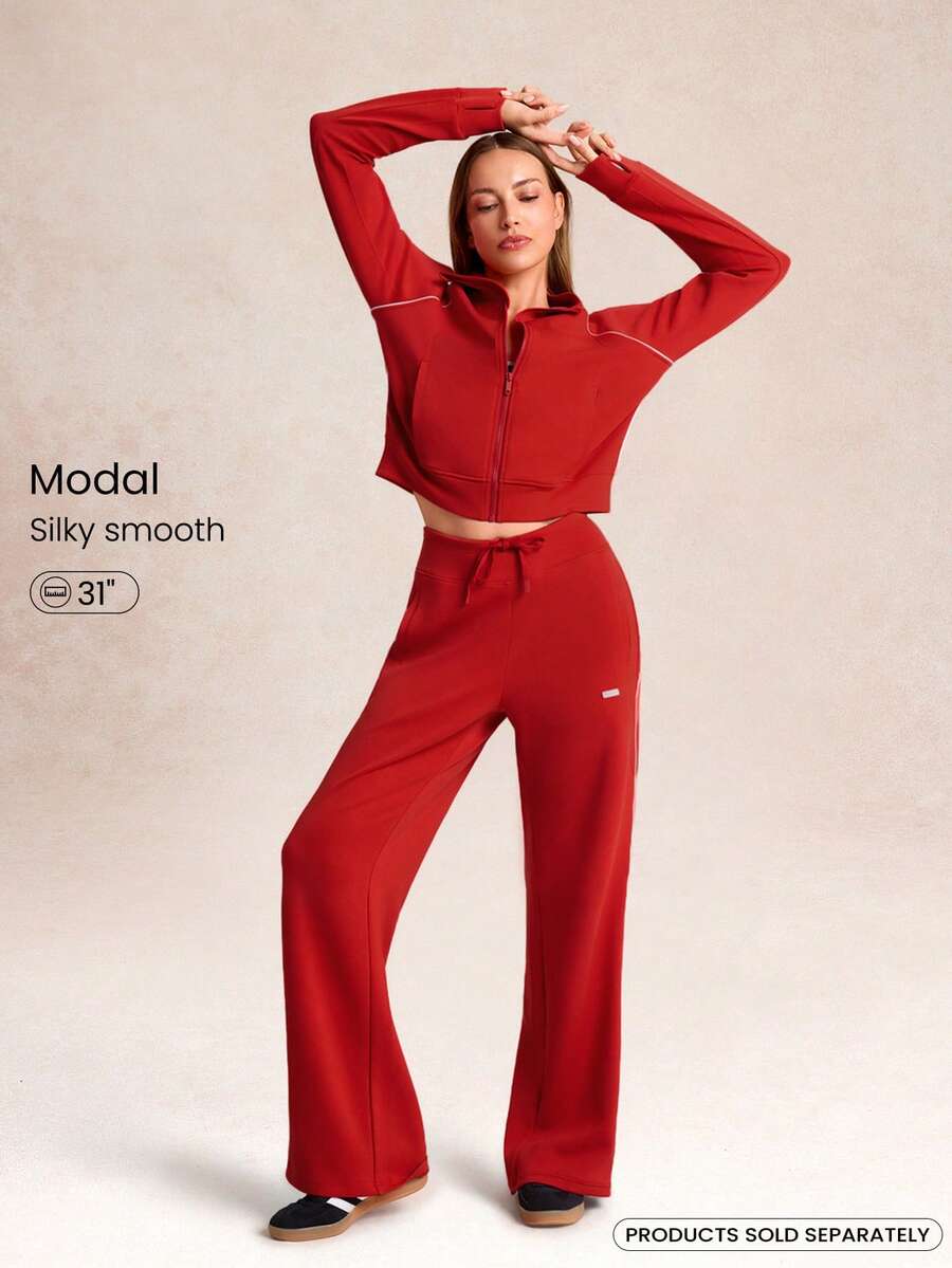 GLOWMODE SoftSerene Modal Silky-Smooth Comfy Drawstring Waist Relaxed Fit Contrast Color Leg-Lengthening Sweatpants With Side Pockets Daily Casual Wear  Spring Summer - Fiery Red - View 1