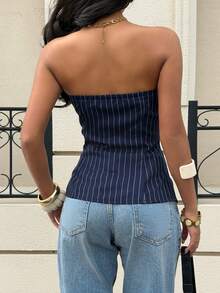 Siren Gaze Fashionable Commuter Striped Front Button Camisole Top, Blue Top, Blue Blouse, Elegant Women's Blouses , Valentine, Spring, Navy Blue Striped Top Strapless Shirt Striped Tube Top Navy Blue Tube Top Jean Tube Top Summer Casual - Navy Blue - View 2