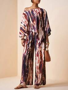 Zivah Women's Tie-Dye Print Asymmetric Hem Top And Wide Leg Pants Fashion 2 Pieces Set - Brown - View 6