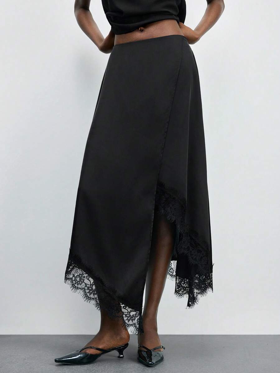 Maija Valentine's Day Wedding Guest For Women Birthday Women's Black Contrast Lace Asymmetric Hem Elegant & Fashionable Skirt Asymmetrical Skirt Black Skirt Spring - Multicolor - View 1