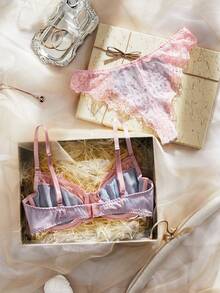 SHEIN 2 Stücke rosa & blaues Kontrast-Farben Spitzen-Patchwork Lingerie Set - Verschiedenfarbig - Übersicht 2