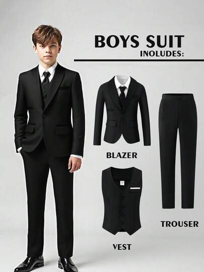 3pcs Gentleman Formal Suit Set For Tween BoyElegant High-End Fashion Stage Performance Host Outfit. Includes Suit Jacket, Fitted Vest, And Casual Trousers