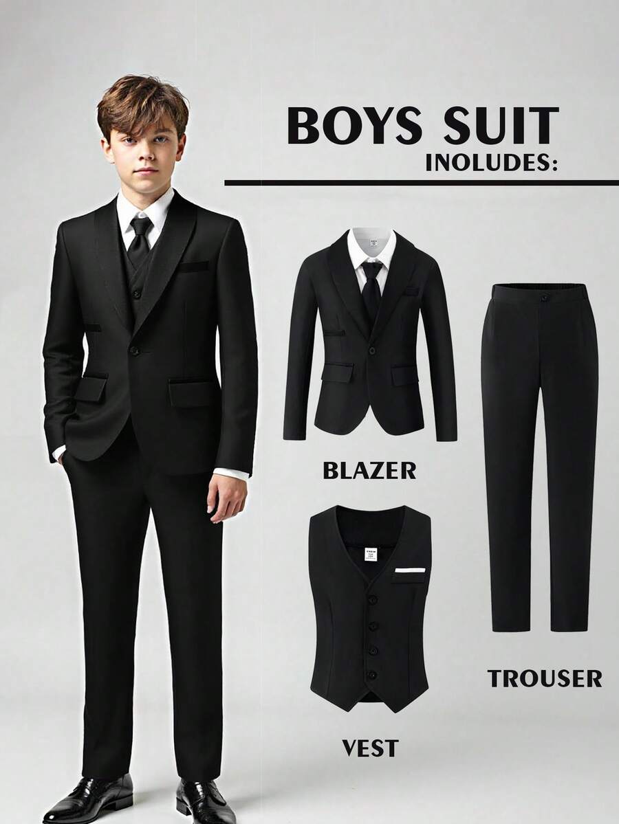 Bộ vest lịch lãm 3 món dành cho nam thiếu niên - Trang phục biểu diễn sân khấu thời trang cao cấp, sang trọng. Bao gồm áo khoác vest, áo vest ôm sát và quần tây thường ngày. - màu đen - Xem 1