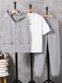 Vacaura 3pcs/Set Teenage Boys Casual Outfit - Black Vest, White T-Shirt, Black Pants - Grey - View 7