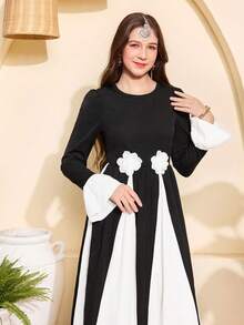 Đầm dài thanh lịch dành cho thiếu nữ, cổ tròn, tay dài, tay xòe, kiểu Trung Đông, phối họa tiết trang trí eo, chất liệu dệt kim. - màu đen - Xem 5