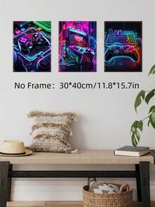3Pcs Gaming Gear Poster, Neon Tech Aesthetic Wall Art, Arcade Machine Art Prints, Rgb Lighting Canvas Print, Futuristic Design Wall Decor, Controller Art Poster, Artwork, Home Decor, Room Aesthetic, Posters, Gift For Friends - 3Pcs/Set - View 7