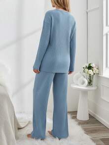 EURMUSE Women's Letter Print Drop Shoulder Long Sleeve Top And Pants Pajama Set - Baby Blue - View 2