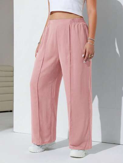 SHEIN EZwear Plus Size Women Lotus Root Pink Elastic Waist Wide Leg Loose Pants