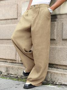 Manfinity Roghcode Plus Size Men's Casual Solid Color Wide Leg Pants - Khaki - View 4