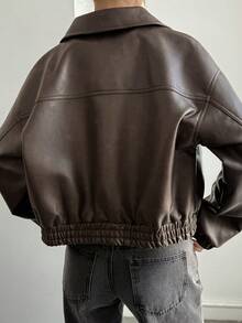 DAZY 女士休闲PU皮领长袖常规夹克 Y2k - 咖啡棕 - 查看 2