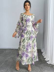 Modelyn Women's Floral Print Halter Neck Flare Sleeve Dress - Purple - View 3