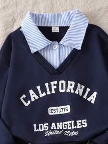 SHEIN Explorewe 少女时尚宽松休闲翻领上衣（二合一）+条纹格纹百搭A字裙，校园风 - 藏蓝色 - 查看 7