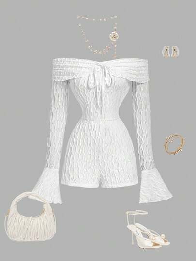 SHEIN MOD Elegant jumpsuit med bara axlar och utsvängda ärmar för kvinnor, enfärgad, lämplig för pendling