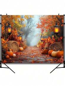Autumn Harvest Photography Background -1 Pumpkin, Maple Leaves, And Streetlights, Suitable For Autumn Celebrations And Photo Booths - Multicolor - View 4