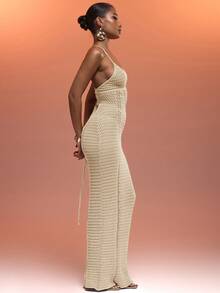 MUSERA Đầm maxi móc len cổ yếm, phối corset, buộc dây phía sau, gợi cảm cho kỳ nghỉ hè, phong cách Ibiza, phù hợp cho kỳ nghỉ xuân, đi biển, thanh lịch, xuyên thấu, nữ thần, đi chơi đêm, hẹn hò mùa đông, sang trọng. - Kem - Xem 2