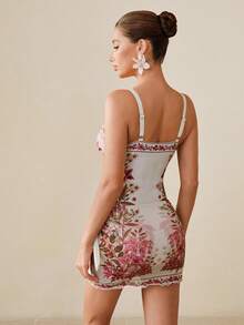 SHEIN Swim Oasis 女士优雅休闲波西米亚风中式蓝白热带棕榈树花卉印花连体泳衣及沙滩罩衫套装，适合海滩度假 - 彩色 - 查看 13