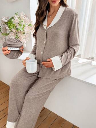 Moonlight & Mama 2pcs Maternity Contrast Color Collar Casual Cardigan And Pants Pajama Set