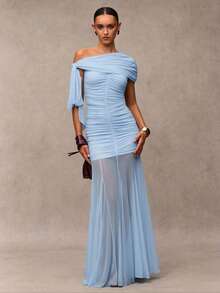 SHEIN BAE Women's Solid Color Pleated Asymmetric Shoulder Ruffle Elegant Dress - Baby Blue - View 3