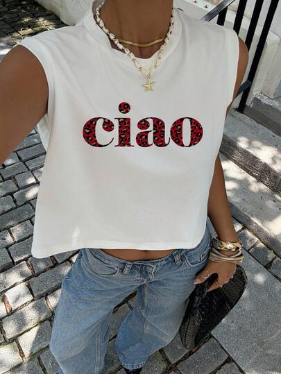 Siren Gaze Women's Casual Minimalist Leopard Print CIAO Letter Graphic Round Neck Cropped Sleeveless Tank Top, Suitable For Summer Spring