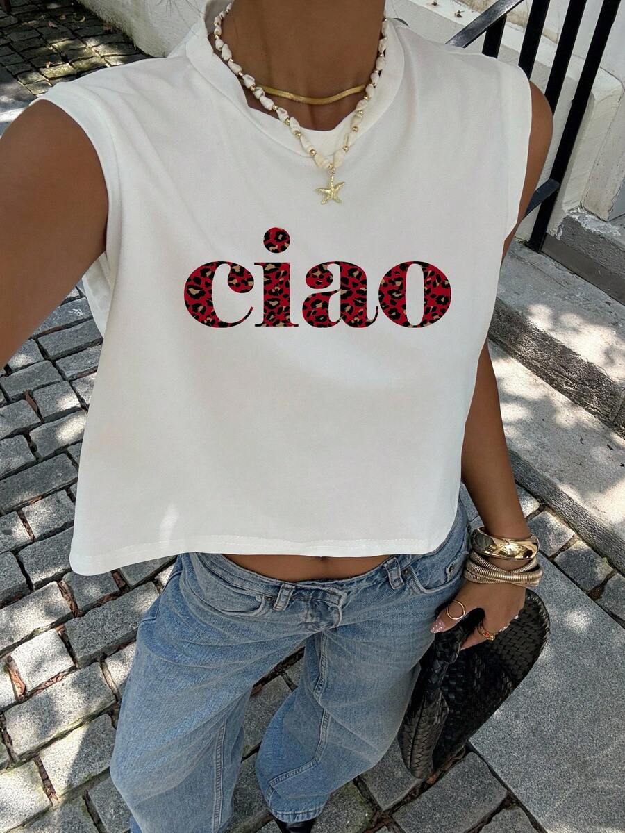 Siren Gaze Women's Casual Minimalist Leopard Print CIAO Letter Graphic Round Neck Cropped Sleeveless Tank Top, Suitable For Summer Spring - White - View 1