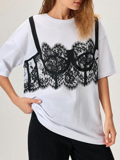 Cloudara Women's Casual Lace Print 2 In 1 Drop Shoulder T-Shirt, Summer