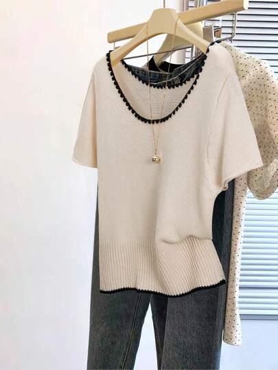 Resyla Women's Floral Trim Short Sleeve Casual U-Neck Knit Top