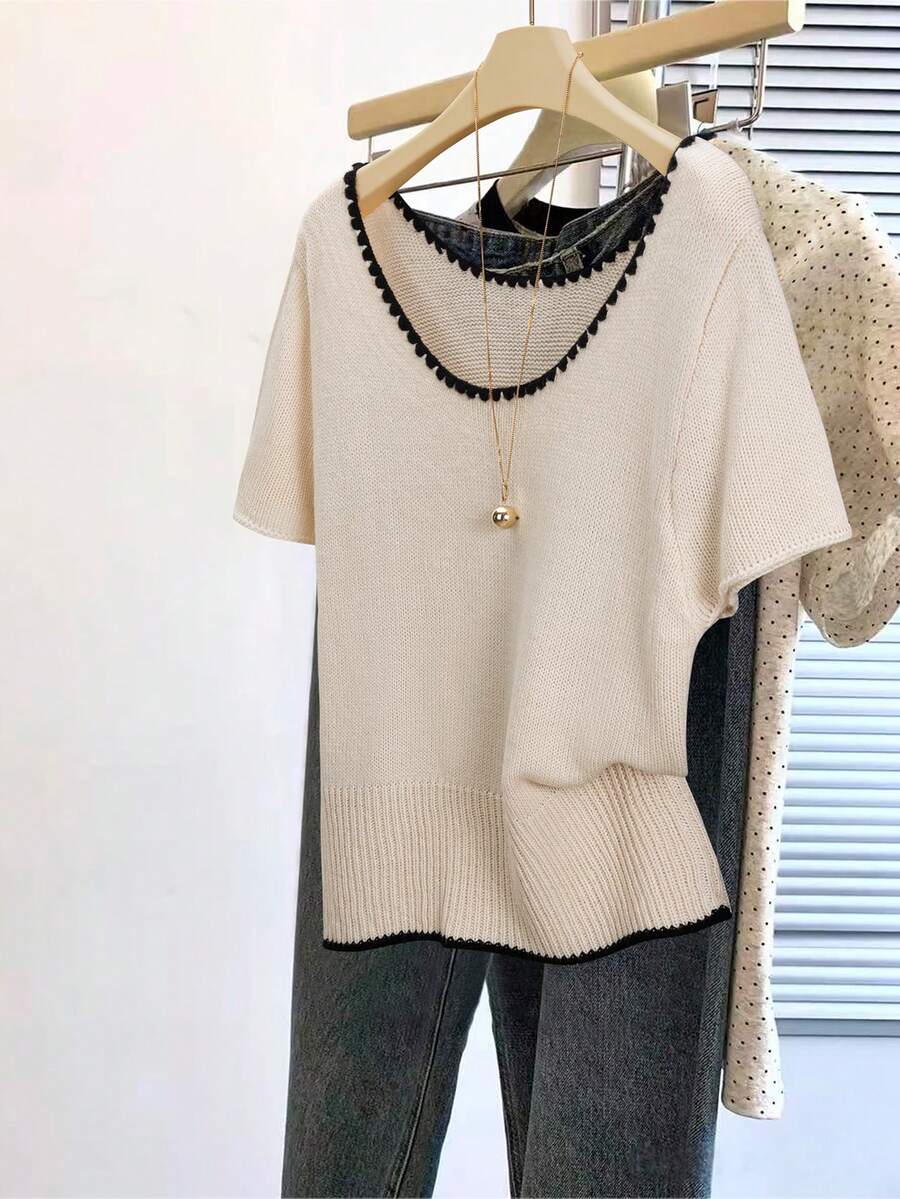 Resyla Women's Floral Trim Short Sleeve Casual U-Neck Knit Top - Apricot - View 1
