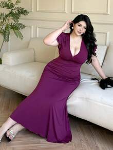 Vibekara Plus Size Women V-Neck Ruched Sexy Fishtail Skirt - Purple - View 3