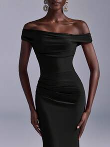Elitara Elegant Ruched Off-Shoulder Mermaid Dress, Suitable For Weddings, Parties, Vacations, Prom, Bridesmaid (Adult) - Black - View 2