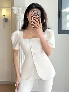 Modelyn New Stylish Square Collar Cinched Waist A-Line Peplum Elegant Blouse - Apricot - View 1