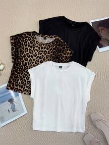 SHEIN LUNE 3pcs/Set Women Casual Round Neck Drop Shoulder Short T-Shirts, Suitable For Spring/Summer Casual Tops Women Summer Short Sleeve Tops Carnival - Multicolor - View 7