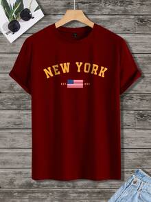 Manfinity Homme 男士休闲字母印花短袖T恤，夏季 - 酒紅色 - 查看 2