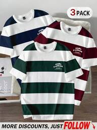 Manfinity Joysei 3pcs/Set Men's Casual Striped Pattern T-Shirts, Versatile Summer T-Shirts Suitable For School, Outing, And Home Wear