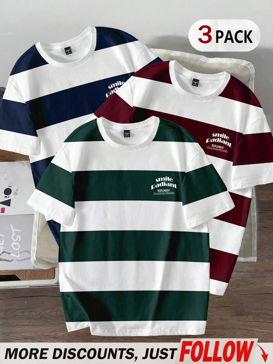 Manfinity Joysei 3pcs/Set Men's Casual Striped Pattern T-Shirts, Versatile Summer T-Shirts Suitable For School, Outing, And Home Wear - Multicolor - View 1