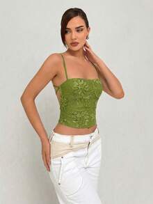 Aloruh 夏季新款绿色蕾丝露背系带吊带背心，浪漫约会装，波西米亚风亮片蕾丝吊带背心，适合返校、派对、海滩度假等场合 - 綠色 - 查看 5